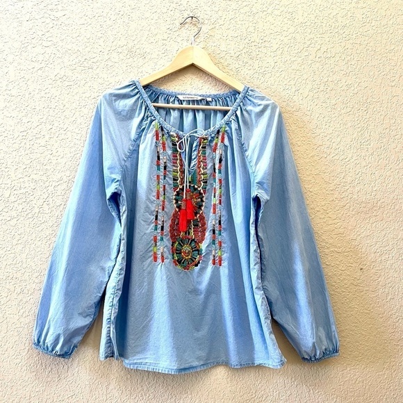 Soft Surroundings Tops - Soft Surroundings Top Peasant Cotton Poplin Embroidered Tassel Artsy Boho Blue L